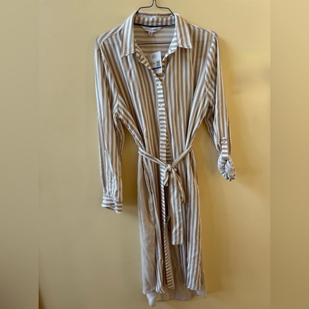Emily Daniel’s NWT Striped Tie-Waist Shirt Dress in Beige and White